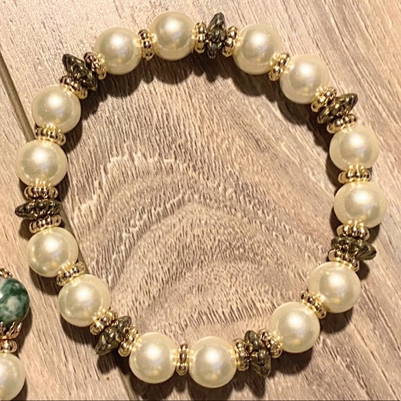 Genuine Green Zebra Jasper & Glass Pearl Bracelet Set - Picture 2 of 5